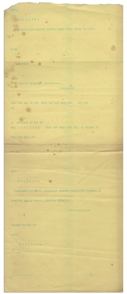 News Wire Teletype From 22 November 1963 Regarding the Assassination of John F. Kennedy -- ''(DALLAS)--AN UNKNOWN SNIPER FIRED THREE SHOTS''